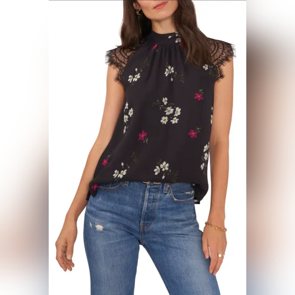 VINCE CAMUTO SHIRT WOMENS SIZE SMALL RICH BLACK FLORAL BLOUSE RAGLAN SLEEVE TOP - Picture 1 of 10